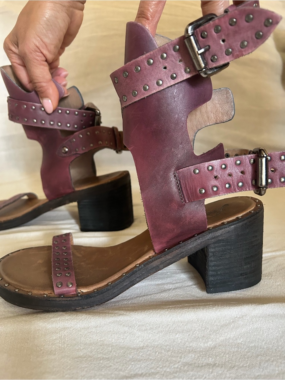 Free People Plum Studded Leather Block Heel Sandals